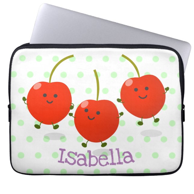 Cute springing red cherries cartoon illustratie laptop sleeve (Voorkant)