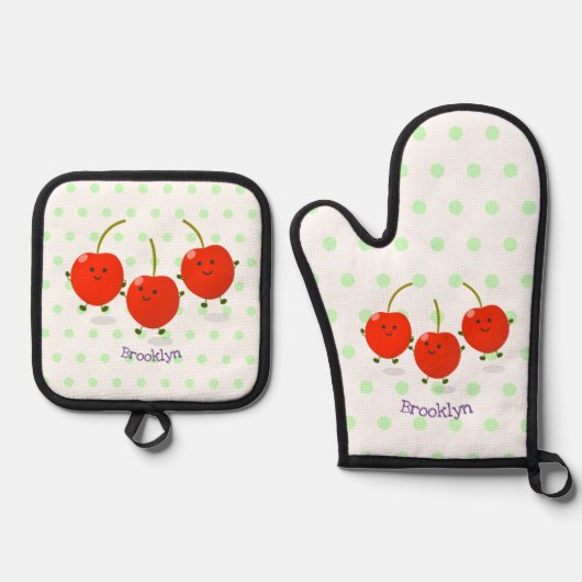 Cute springing red cherries cartoon illustratie ovenwant & pannenlap set (Voorkant)
