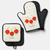 Cute springing red cherries cartoon illustratie ovenwant & pannenlap set (Voorkant / Achterkant)