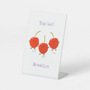 Cute springing red cherries cartoon illustratie reclamebord met voetstuk