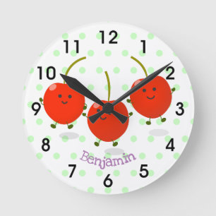 Cute springing red cherries cartoon illustratie ronde klok