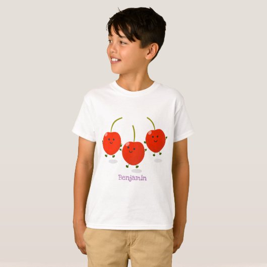 Cute springing red cherries cartoon illustratie t-shirt (Voorkant volledig)