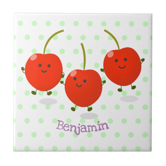 Cute springing red cherries cartoon illustratie tegeltje (Voorkant)