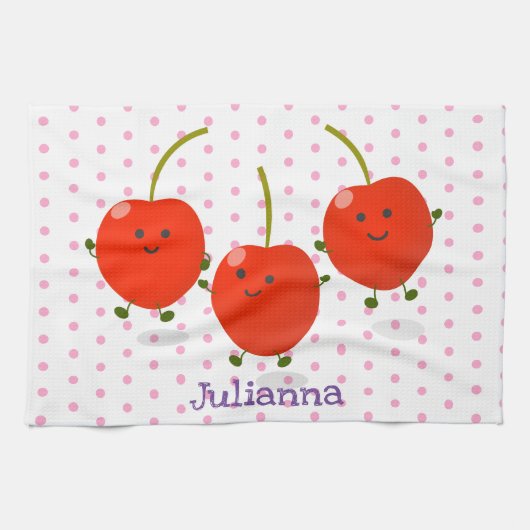 Cute springing red cherries cartoon illustratie theedoek (Horizontaal)