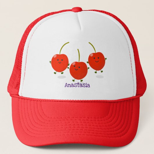 Cute springing red cherries cartoon illustratie trucker pet (Voorkant)