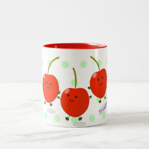 Cute springing red cherries cartoon illustratie tweekleurige koffiemok