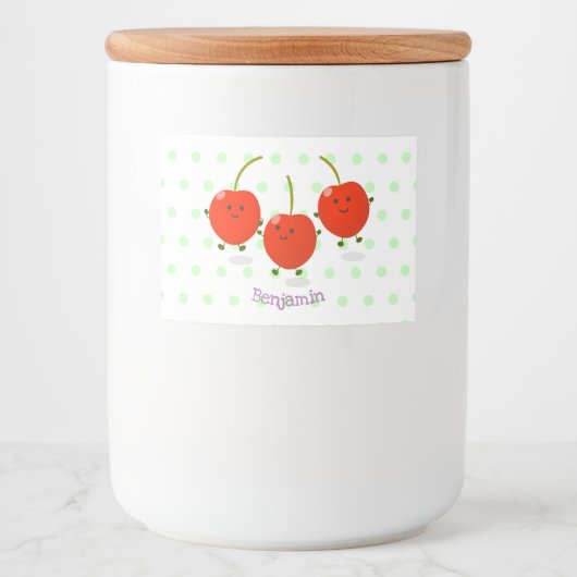Cute springing red cherries cartoon illustratie voedselcontainer etiket (Voorkant)