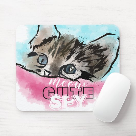 "CUTE SPY" | Funny Cute Kitten Pink Blue Muismat (Met muis)