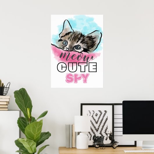 "CUTE SPY" | Funny Cute Kitten Pink Blue Poster (Thuiskantoor)