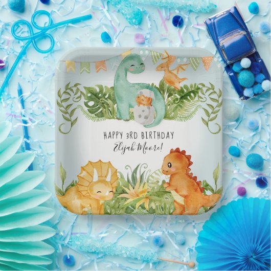 Cute Square Dinosaur Foliage 3rd Birthday Papieren Bordje (Feest)
