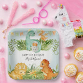 Cute Square Dinosaur Foliage 3rd Birthday Papieren Bordje (Feest)