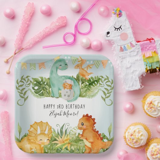 Cute Square Dinosaur Foliage 3rd Birthday Papieren Bordje (Feest)
