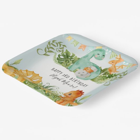 Cute Square Dinosaur Foliage 3rd Birthday Papieren Bordje (Gebogen)