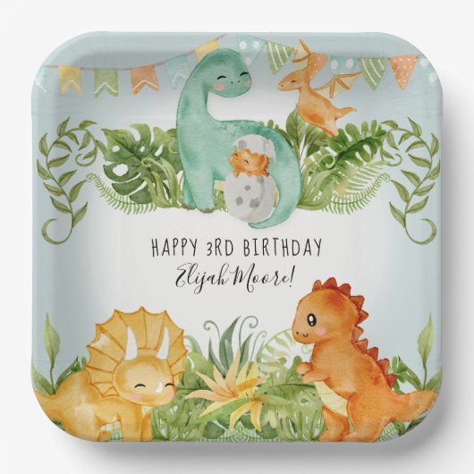 Cute Square Dinosaur Foliage 3rd Birthday Papieren Bordje (Voorkant)
