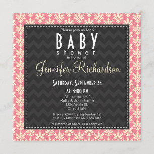 Cute Square Pink Damask Pattern Baby shower Kaart