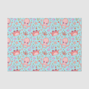 Cute Squid and Crab Marine Life Blue Tissuepapier