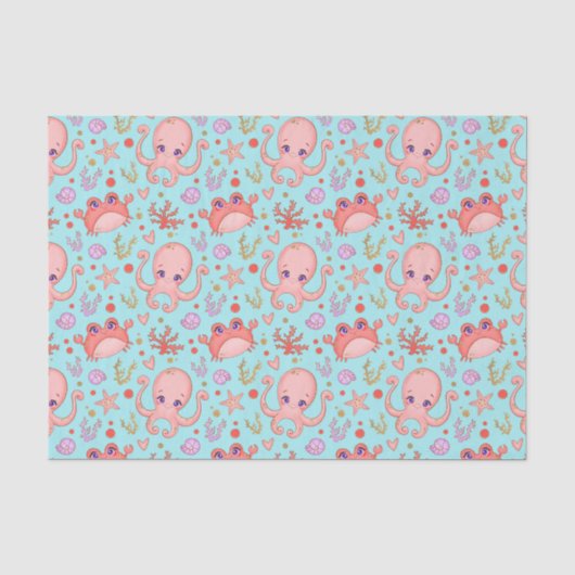 Cute Squid and Crab Marine Life Blue Tissuepapier (Voorkant)