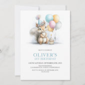 Cute Squirrel 1st Birthday Party Invitation Kaart (Voorkant)