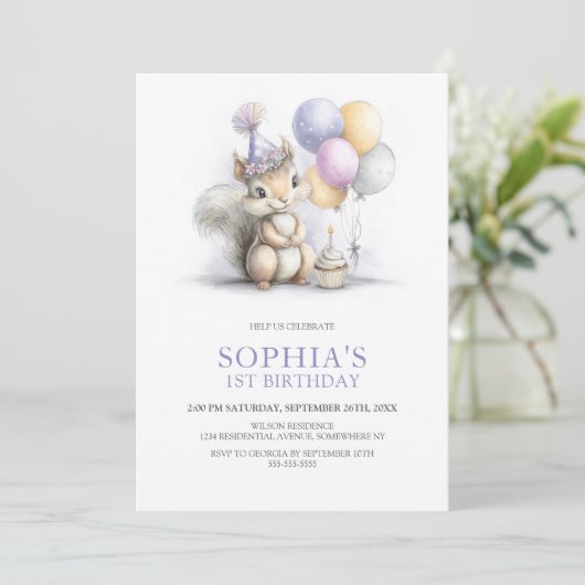 Cute Squirrel 1st Birthday Party Kaart (Staand voorkant)