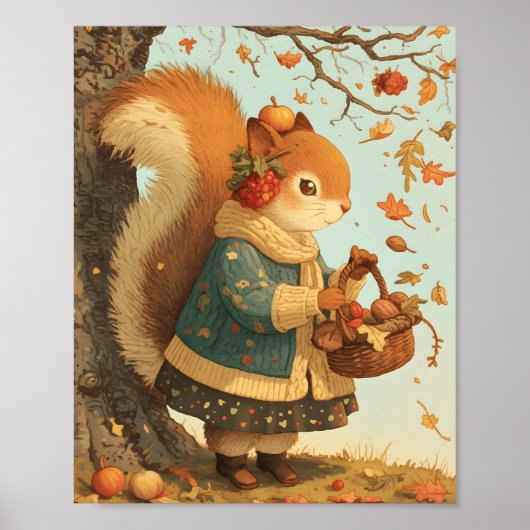 Cute Squirrel Autumn Animal Nursery Wall Art Print (Voorkant)