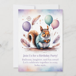 Cute Squirrel Birthday Invitation Woodland Boho  Kaart