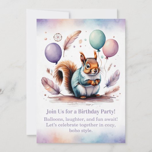 Cute Squirrel Birthday Invitation Woodland Boho  Kaart (Voorkant)