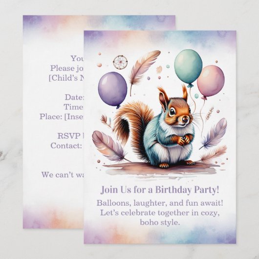 Cute Squirrel Birthday Invitation Woodland Boho  Kaart (Voorkant / Achterkant)
