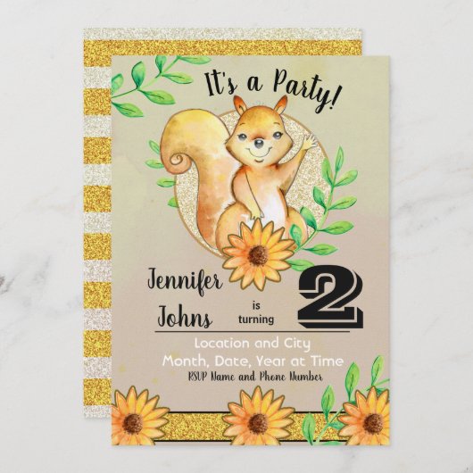 Cute Squirrel Birthday Party Invitation Kaart (Voorkant / Achterkant)