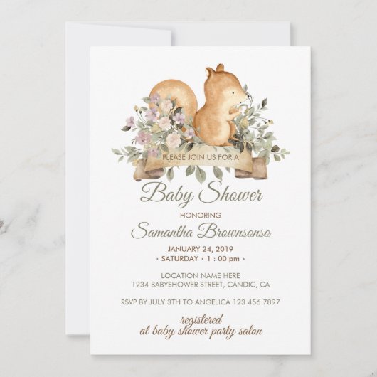 Cute Squirrel Botanical Ribbon Baby shower Kaart (Voorkant)