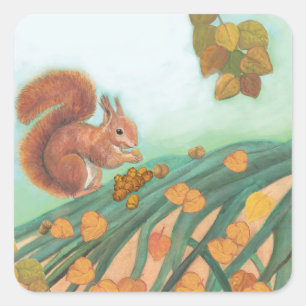 Cute Squirrel Eating Hazelnut Illustratie Vierkante Sticker