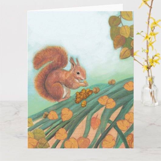 Cute Squirrel eet Hazelnut Illustratie Kaart (Gele Bloem)