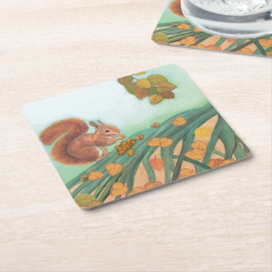 Cute Squirrel eet Hazelnut Illustratie Kartonnen Onderzetters (Schuin)