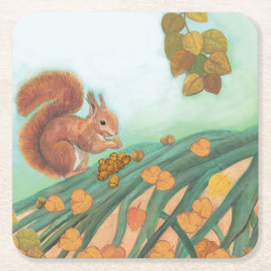 Cute Squirrel eet Hazelnut Illustratie Kartonnen Onderzetters