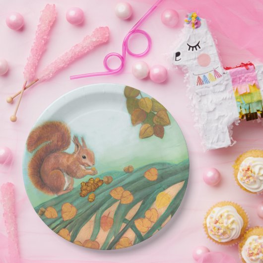 Cute Squirrel eet Hazelnut Illustratie Papieren Bordje (Feest)