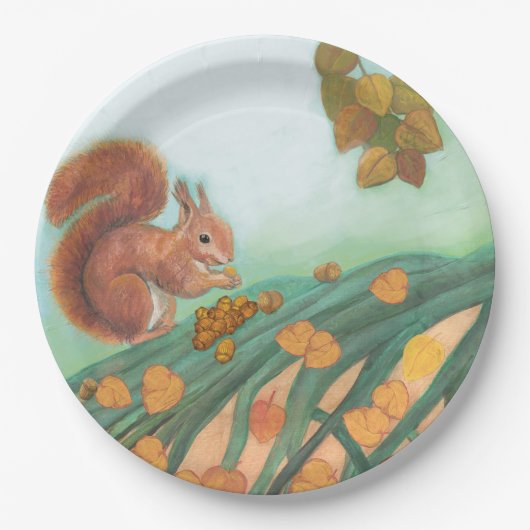 Cute Squirrel eet Hazelnut Illustratie Papieren Bordje (Voorkant)