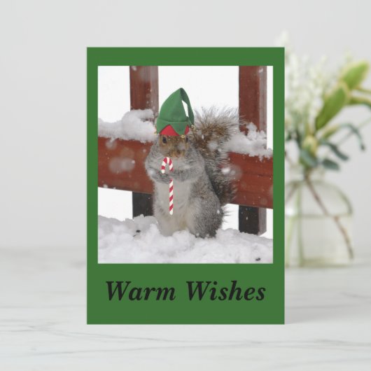Cute Squirrel Flat Kerstkaart op Groen (Staand voorkant)