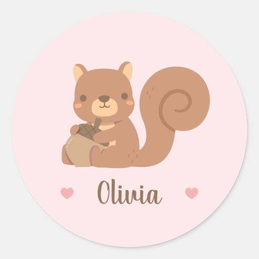 Cute Squirrel Holding Acorn Girls Name Roze Ronde Sticker (Voorkant)