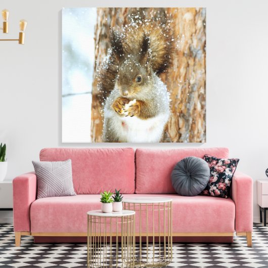 Cute Squirrel in een winterlandschap Canvas Afdruk (Insitu (Woonkamer))