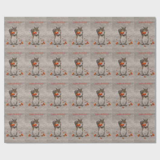 Cute squirrel met bloemen Happy Birthday Cadeaupapier (Vlak)