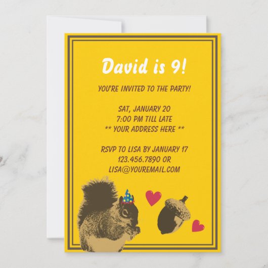 Cute Squirrel & Oak Nut Birthday Party Invitation Kaart (Voorkant)