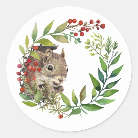 Cute Squirrel Peeking out Holly Wreath Ronde Sticker (Voorkant)