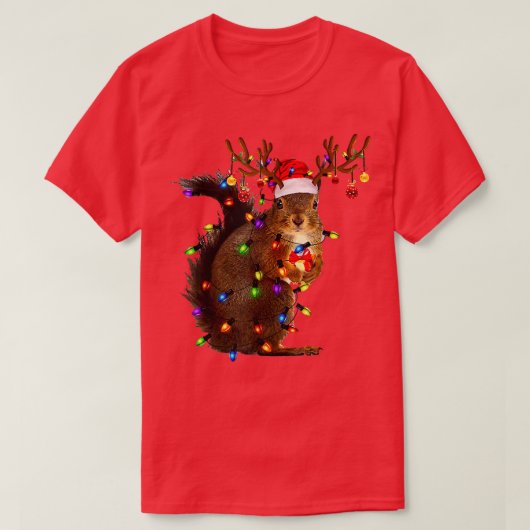 Cute Squirrel Santa Hat Christmas Lights Happy Hol T-shirt (Design voorkant)