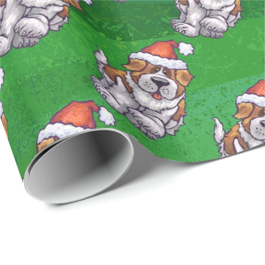 Cute St. Bernard in Pet Pattern on Green Cadeaupapier (Rol Hoek)