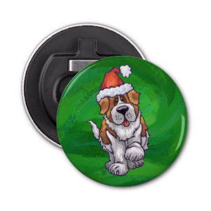 Cute St. Bernard in Santa Hat op Green Button Flesopener
