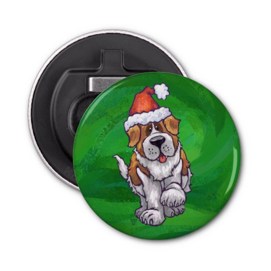 Cute St. Bernard in Santa Hat op Green Button Flesopener (Voorkant)