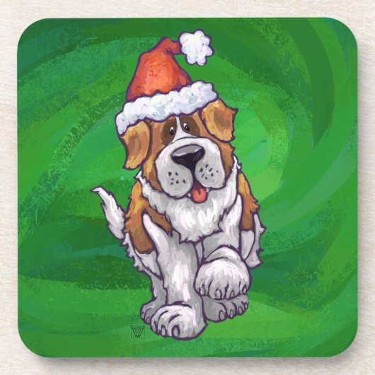Cute St. Bernard in Santa Hat op Green Drankjes Onderzetter (Voorkant)