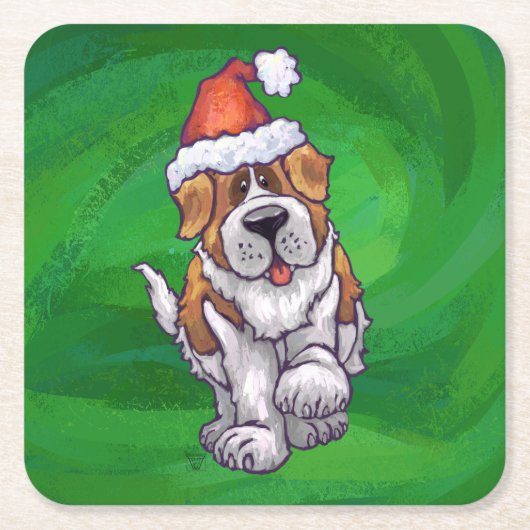 Cute St. Bernard in Santa Hat op Green Kartonnen Onderzetters (Voorkant)