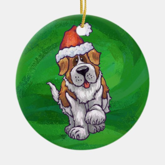 Cute St. Bernard in Santa Hat op Green Keramisch Ornament (Voorkant)