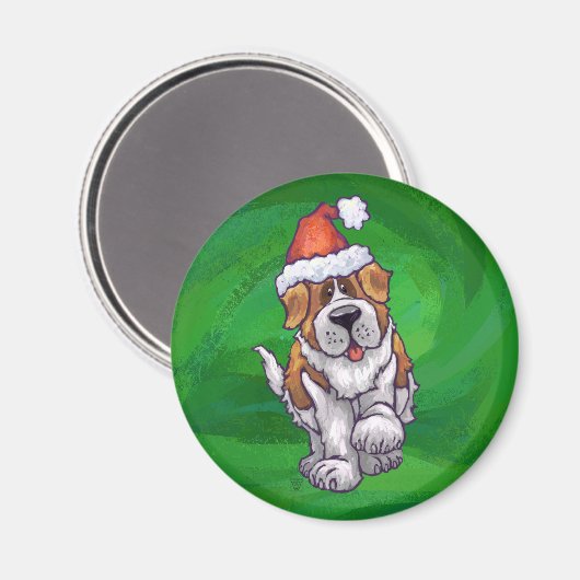 Cute St. Bernard in Santa Hat op Green Magneet (Voorkant / Achterkant)