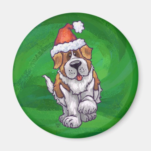 Cute St. Bernard in Santa Hat op Green Magneet (Voorkant)